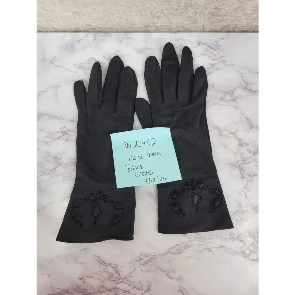 Vintage Nylon Classic Black Dress Driving Formal Gloves Satin Inset & Embroidery